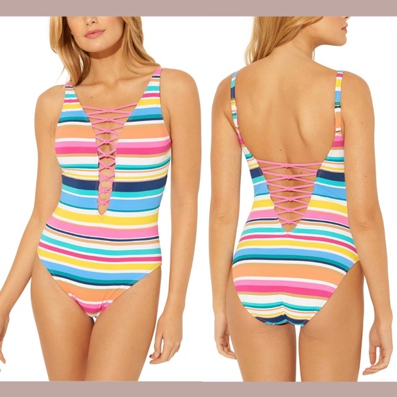 NWT Bleu by Rod Beattie [ 4‎ ] Lattice Striped One-Piece Swimsuit - Picture 1 of 12